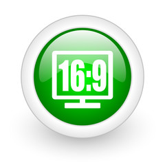 16 9 display green circle glossy web icon on white background
