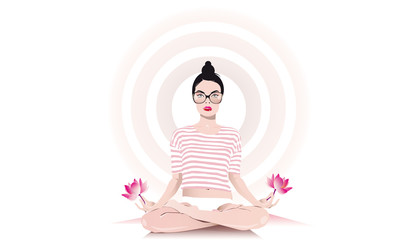 young woman practices yoga in lotus position 