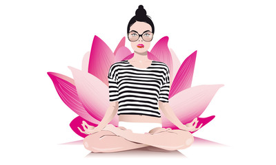 young woman practices yoga in lotus position 