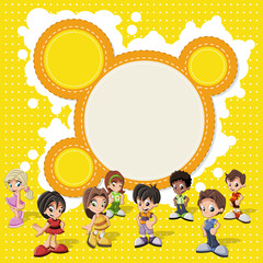 Colorful template with a group of cute happy cartoon kids