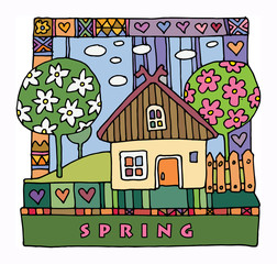 Colorful houses and garden - spring, hand drawn illustration