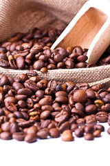 cup of coffee on a background coffee beans 