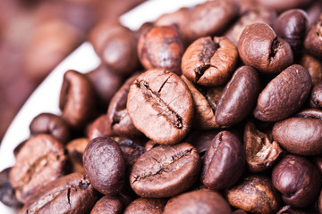 cup of coffee on a background coffee beans 