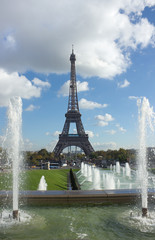 view of Eiffel Tower over fountains, Paris