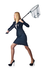 Woman with net isolated on white