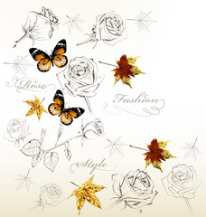 Stylish vector background with roses, butterflies and leafs
