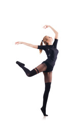 Fototapeta premium Young woman dancing on white background