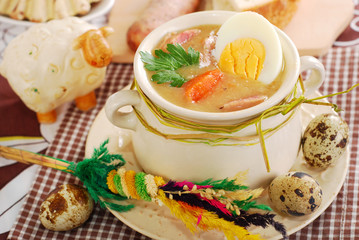 easter white borscht with eggs and sausage in rural style