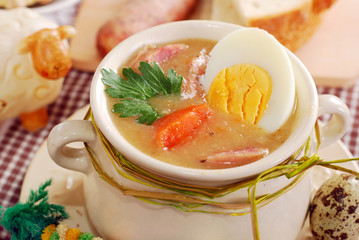 easter white borscht with eggs and sausage in rural style