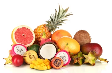 Foto op Plexiglas Samenstelling van exotisch fruit dat op wit wordt geïsoleerd © Africa Studio