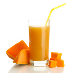 Glass of tasty pumpkin juice and pumpkin, isolated on white