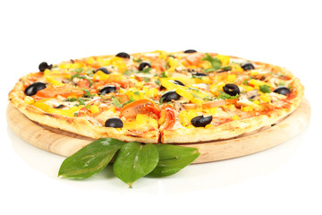 Tasty pizza with vegetables, chicken and olives isolated