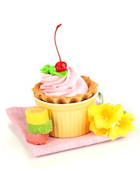 Cake with cherry in bowl for baking isolated on white