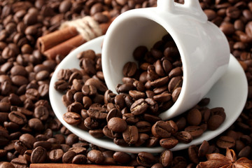 Cup with coffee beans, close up