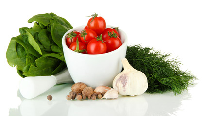 Composition of mortar, spices, tomatoes and  green herbs,