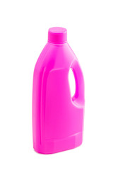 Pink plastic bleach bottle isolated on white background