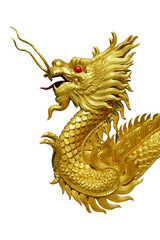 Golden dragon statue on white background