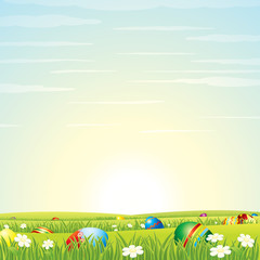 Easter Background. Eggs in Green Grass.