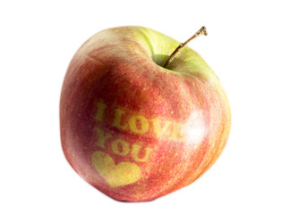 One red apple with the words I love you on white background