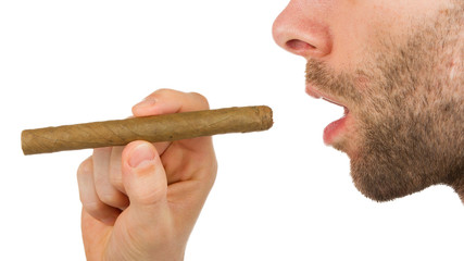 Man with beard is holding an unused cigar