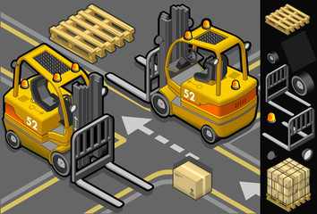 isometric forklift in two different positions © Aurielaki