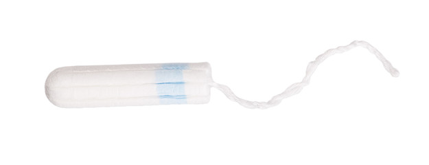 A clean cotton tampon with blue string