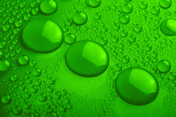 Water drops on green background