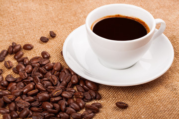 Coffee cup and beans