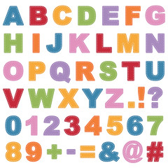Embroidery stitched alphabet icons vector clipart bright colors letters numbers isolated on white