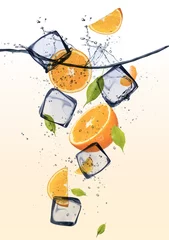 Fond de hotte en verre imprimé Dans la glace Oranges avec des glaçons