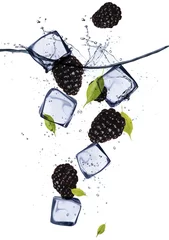 Foto op Plexiglas Fruit in ijs Bramen met ijsblokjes, geïsoleerd op een witte achtergrond
