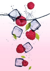 Raspberries with ice cubes
