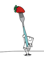 Personnage portant une fraise du bout d'une fourchette