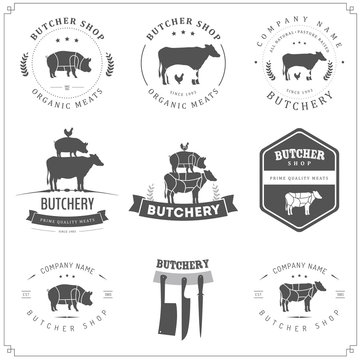 Set of butcher shop labels and design elements