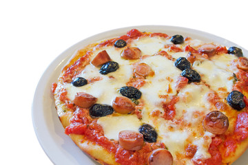 pizza with sausages on white