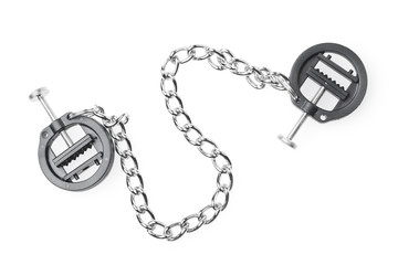 black fetish nipple clamps with chain isolated on white backgrou