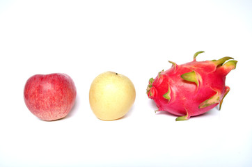 red apple ,Chinese pear and Dragon fruit on white background