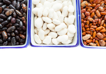 raw beans, white and brown and black