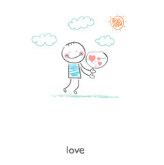 Man holding tank with hearts. Illustration.