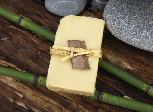 handmade soap and stones with bamboo grove