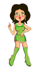 brunette in a green dress