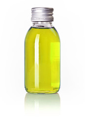 Full and closed bottle with yellow liquid