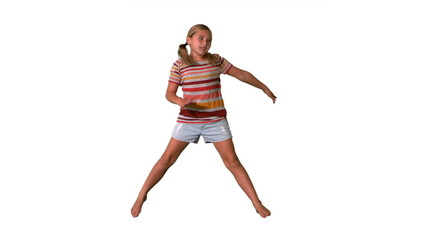 Girl jumping with limbs outstretched on white background - Powered by Adobe
