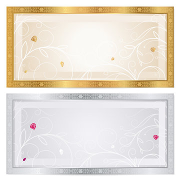Gift Voucher (coupon) template. Gold and silver border