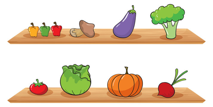 Fruits at the wooden shelves