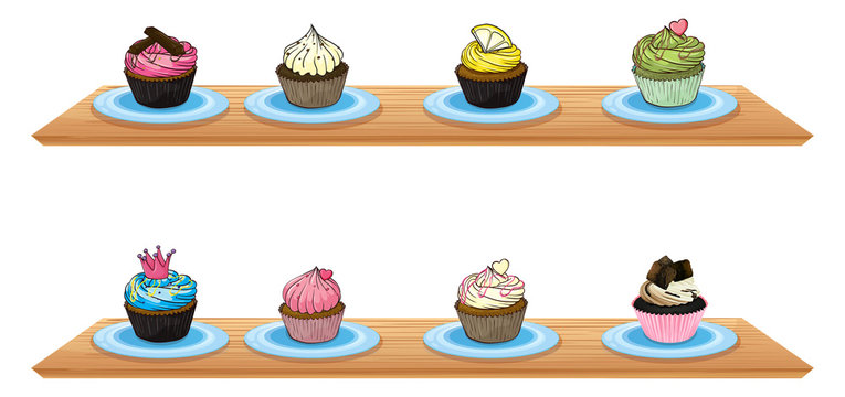 Eight cupcakes at the wooden shelves