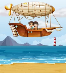  Een jongen en een meisje rijden op een luchtschip © GraphicsRF