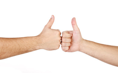 Two male hands with fingers up isolated