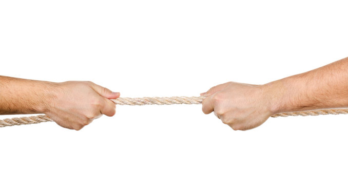 Two Men Pulling A Rope In Opposite Directions Isolated