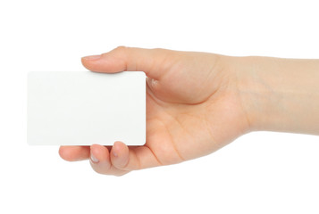 Obraz premium Hand holds charge card on white background .